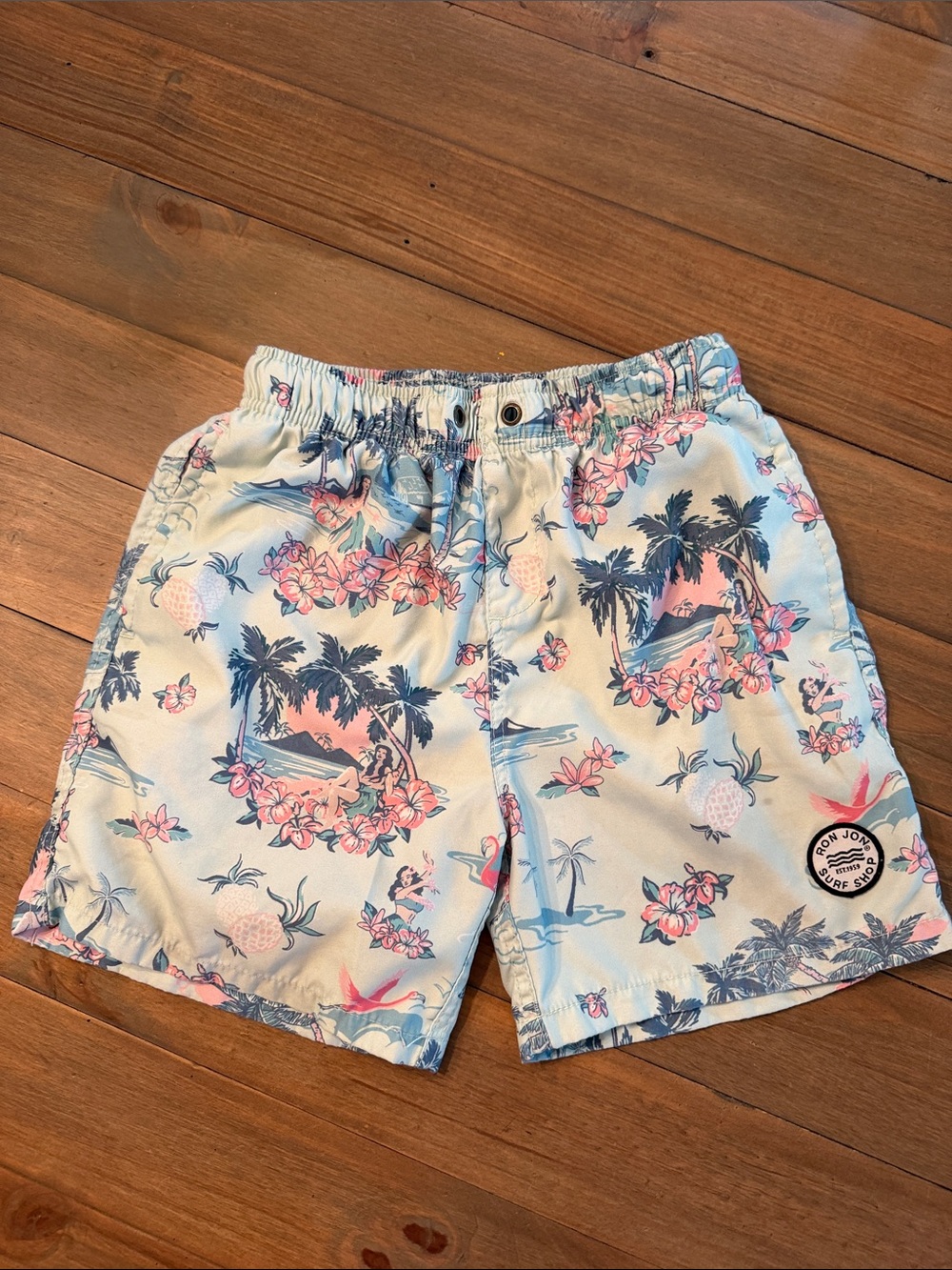 Light Blue Tropical Swim Trunks with Pink Floral Print - Unknown Brand